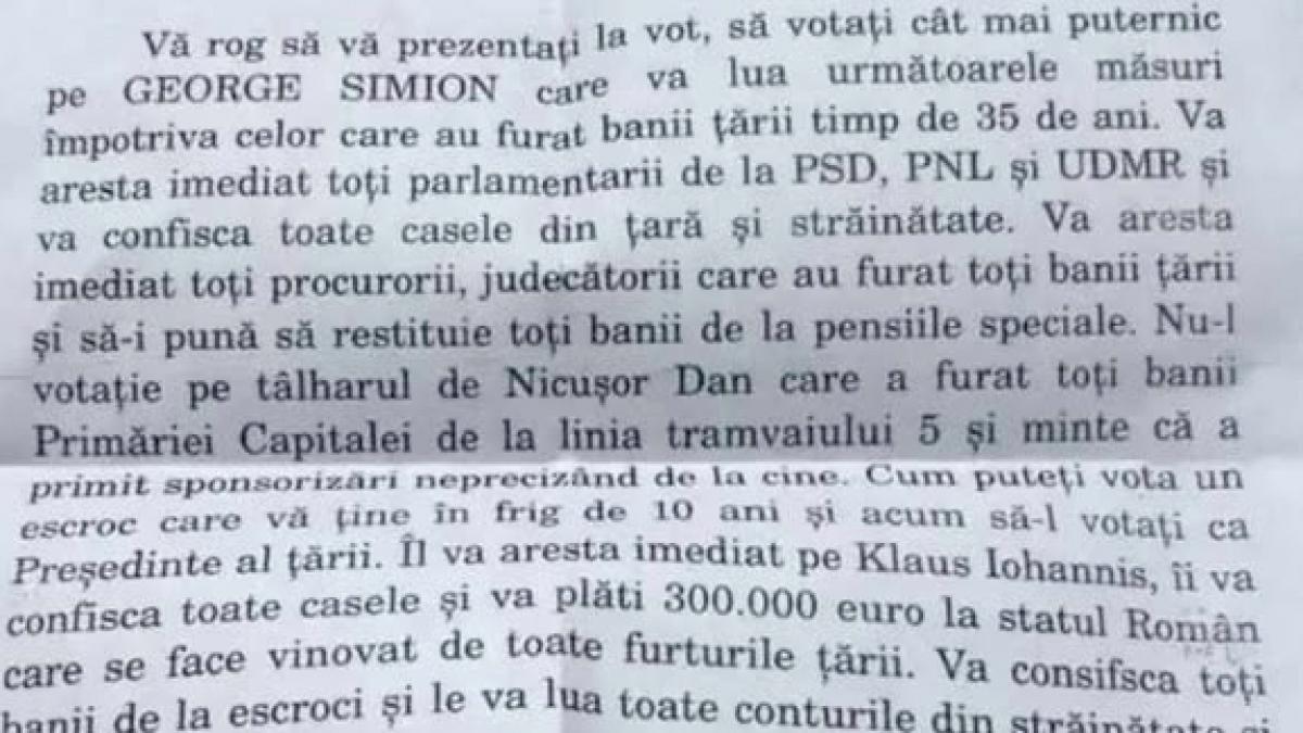 Sibienii primesc scrisori sa l voteze pe Simion